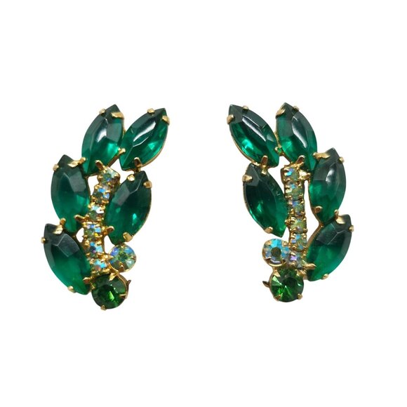 Vintage Juliana Gold Tone Green Rhinestone Bling Clip On Leaf Earrings - Picture 1 of 4